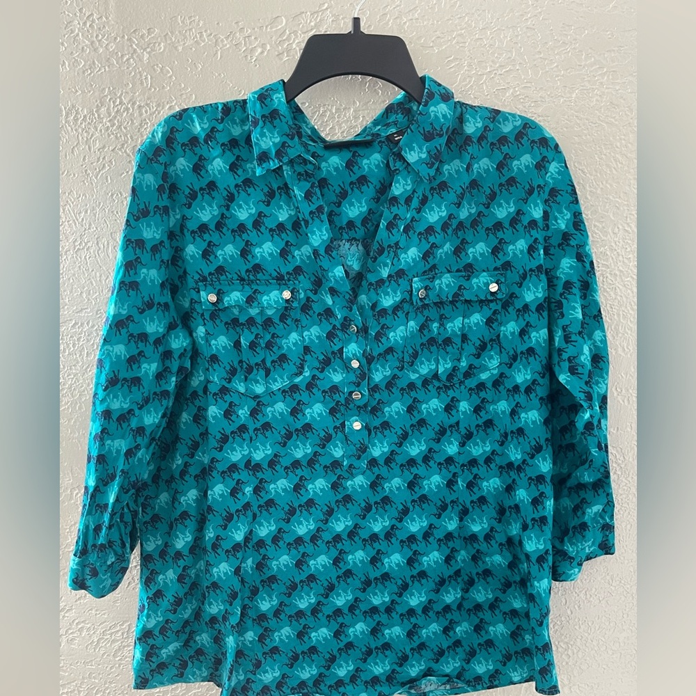 7th Avenue Women’s Teal Elephant Print Button Adjustable Sleeve Shirt Office‎ XL